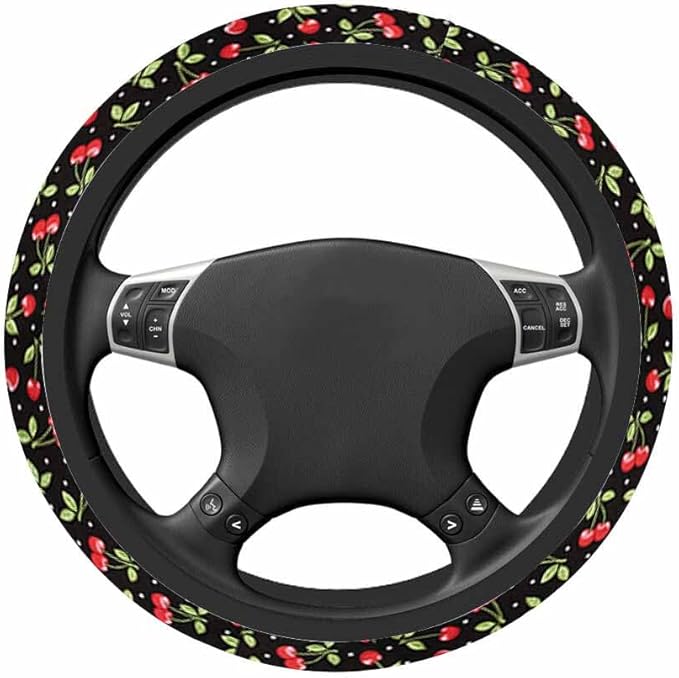 Cherry Steering Wheel Cover Red Cherry on Black Background Steering Wheel Cover for Women Men Anti-Slip Breathable Steering Wheel Protector Car Accessories