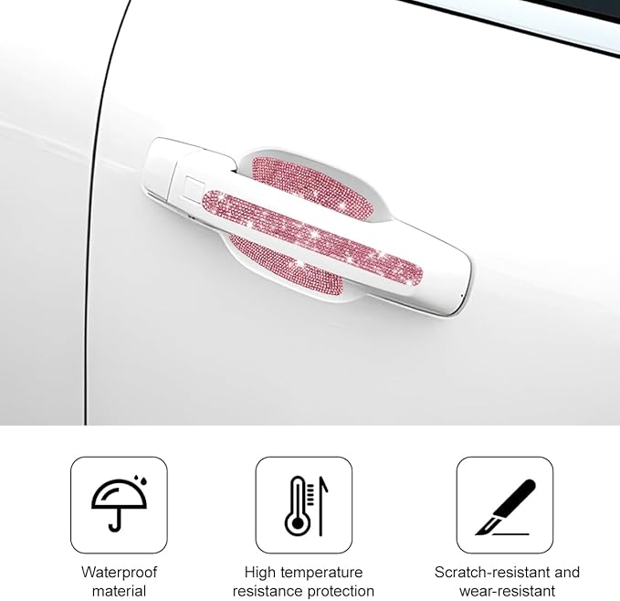 Mandark 8PCS Bling Car Door Handle Protector, Crystal Rhinestone Vehicle Door Bowl Protective Sticker, Glitter Anti-Scratch Auto Decor Decals Accessories, Universal for SUV, Sedan, Truck (Light Pink)