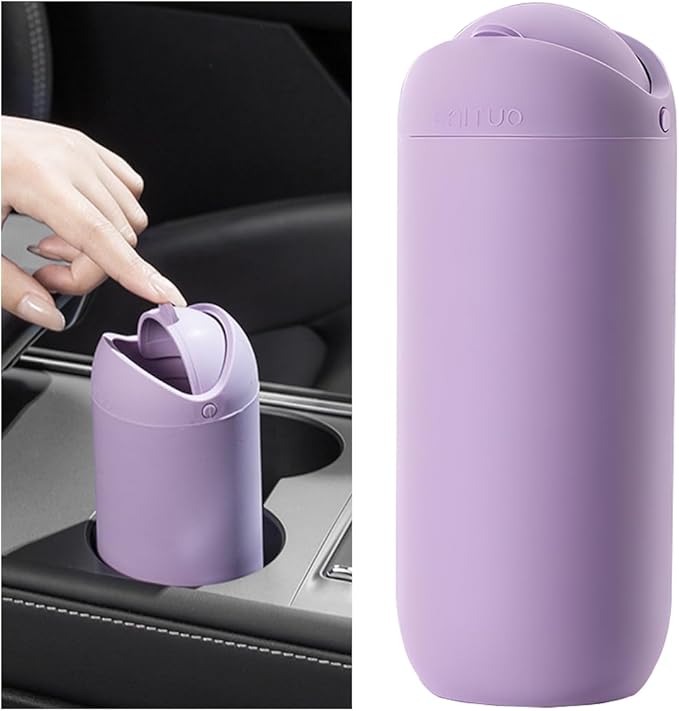 Car Trash Can with Lid, Silicone Leakproof Mini Round Vehicle Garbage Bin for Cup Holder, Portable Automotive Interior Waste Storage & Organizers Accessories, Universal Fit (Purple)