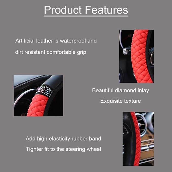 WLERIR Microfiber Leather Steering Wheel Cover with Anti-Slip Lining Universal Car Accessory for Steering Wheel with a Diameter of 14.5-15 inch (Red)