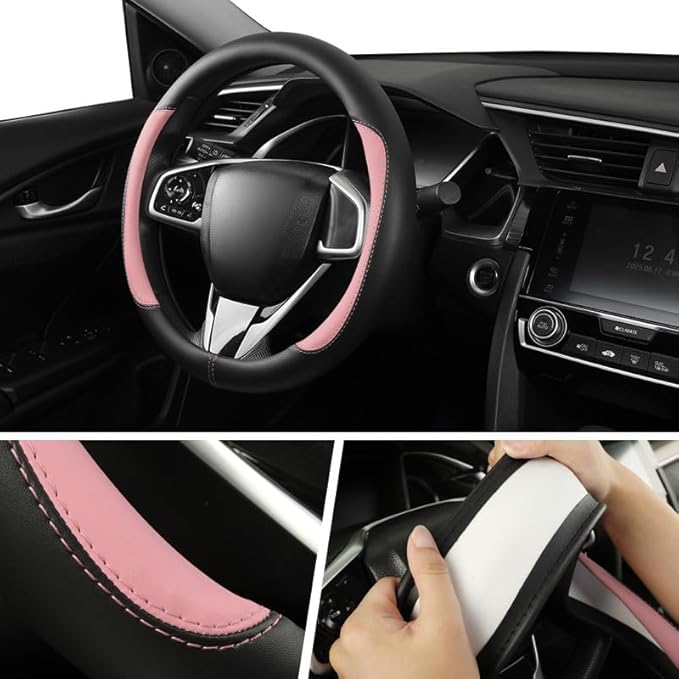Car Steering Wheel Cover,Microfiber Leather Steering Wheel Cover Universal 14.5-15 inch, Anti-Slip Breathable Auto Wheel Cover Protector for Men Women (Black&Pink)