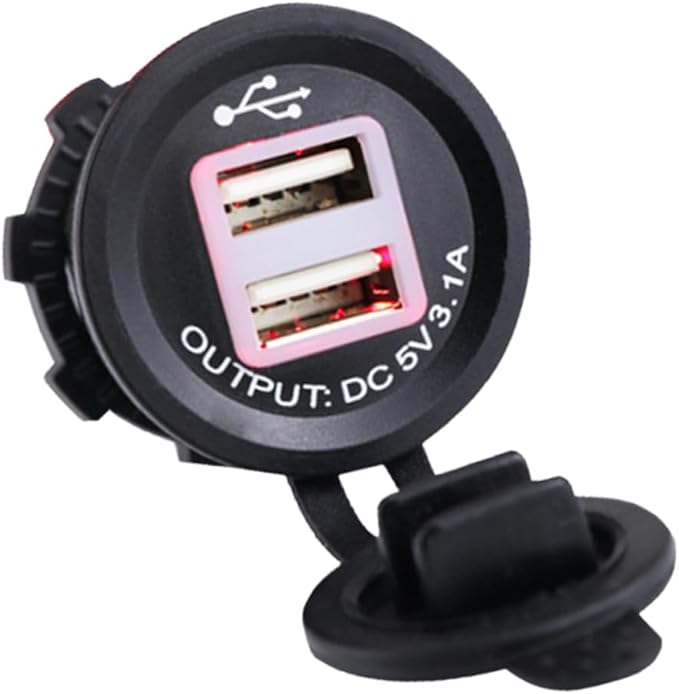 5v Dual USB Car Charger Socket for Motorcycle Boat ATV Powers Mobile Phones GPS and Tablets Simultaneously Easy Installation Red Light Indicator