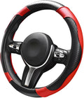 Car Steering Wheel Cover, 15 inch Carbon Fiber Microfiber Leather Elastic Steering Wheel Protector, Breathable Anti-Slip Comfortable Steering Wheel Covers for Most Cars (Black&Red)