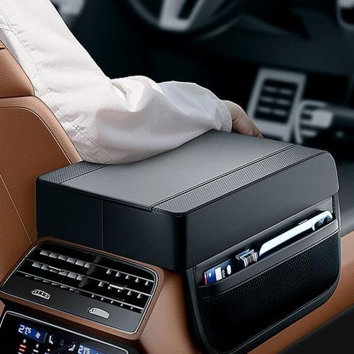 Car Armrest Pad Cover Center Console Lid, Memory Foam Car Armrest Cushion Cover with Storage Organizer, Black Leather, 7x10.6 Inches, Plug-in Installation