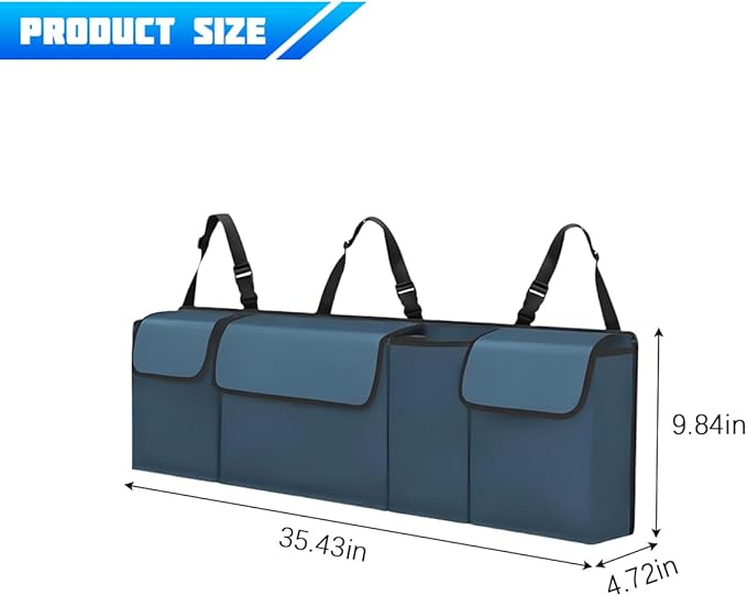 Car Trunk Organizer with Lid, Large Waterproof Vehicle Backseat Hanging Storage Bag with 4 Pockets & Adjustable Straps, Collapsible Automotive Interior Cargo Bag, Universal Fit (Blue)