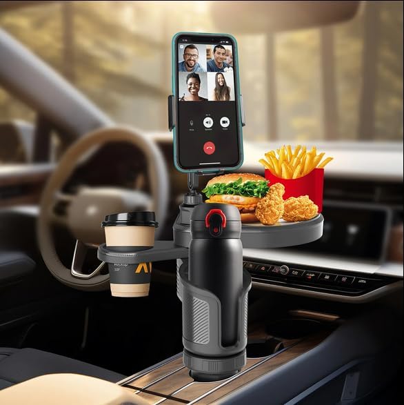 Upgraded 4-in-1 Car Cup Holder,Car Tray,Dual Cup Holders,Phone Mount,360° rotatable car Tray and Phone Expander,All in one Road Trip Essentials