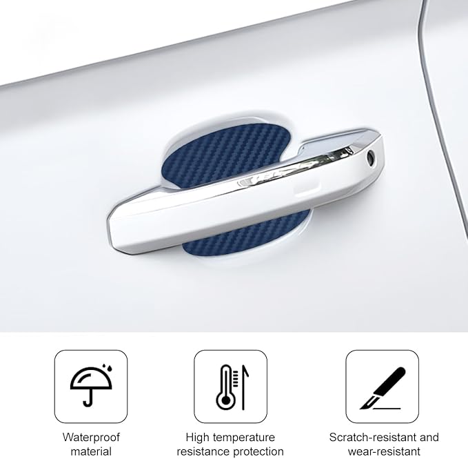 Car Door Handle Cup Scratch Protector, 4PCS 3D Carbon Fiber Vehicle Handle Bowl Sticker, Automotive Exterior Door Cup Protection Decal, Universal for SUV Caravan Automobile (Blue)