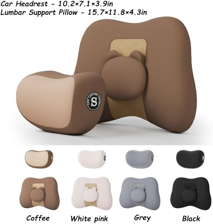 Car Lumbar Support and Neck Pillow for Driving Seat, Memory Foam Car Back Support Pillow & Headrest for Improve Posture, Driver Back Neck Sciatica Pain Relief Cushion (Grey)