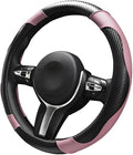 Car Steering Wheel Cover, 15 inch Carbon Fiber Microfiber Leather Elastic Steering Wheel Protector, Breathable Anti-Slip Comfortable Steering Wheel Covers for Most Cars (Black&Pink)