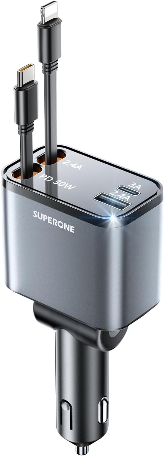 [2024 Upgraded] 4 in 1 Retractable Car Charger, SUPERONE Smaller Fast Car Phone Charger 69W with Cord, USB C and iPhone Car Charger Adapter, Compatible iPhone 17/17 Pro Max/16/15/14/13/12/11, Sumsung