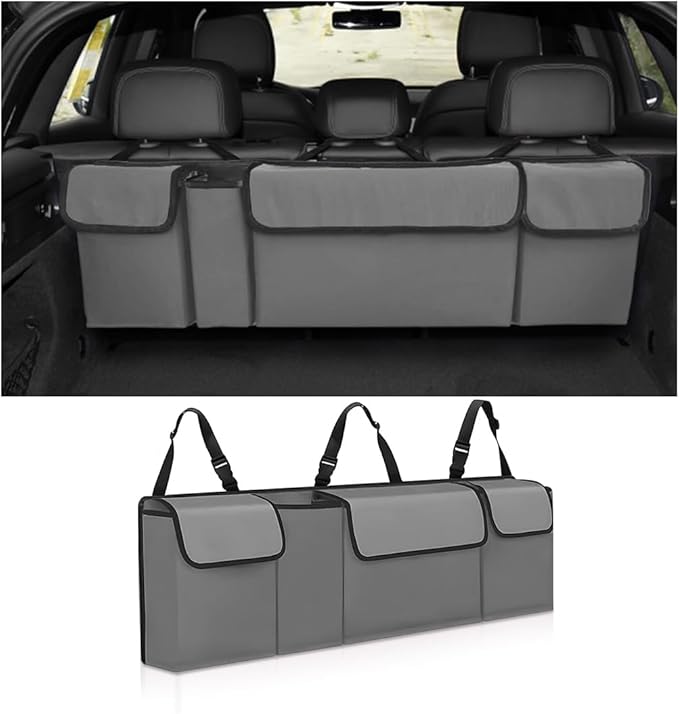 Car Trunk Organizer, Collapsible Large Capacity Auto Backseat Hanging Storage Bag with Adjustable Strap & 4 Pockets, Space Saving Car Back Seat Cargo Bag, Universal for Vehicles (Gray)
