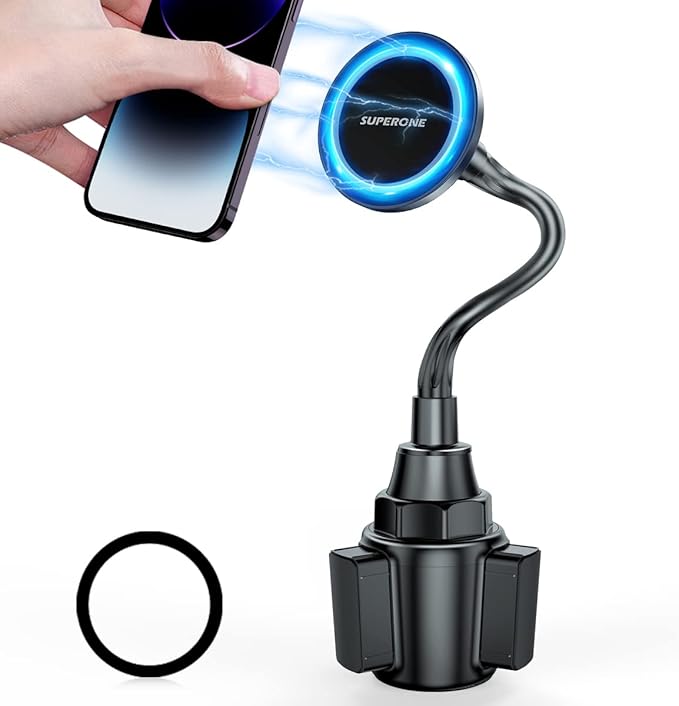 SUPERONE for MagSafe Car Cup Holder Phone Mount, [20 Strongest Magnets] Adjustable Gooseneck Cup Phone Holder for Car Compatible with iPhone 17 16 15 14 13 12 Series MagSafe Case & All Phone