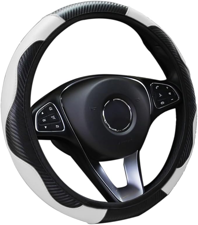 Car Steering Wheel Cover, 15 Inch Universal Microfiber PU Leather Steering Wheel Covers, Breathable Anti-Slip Steering Wheels Accessories for Men Women, Universal for All Seasons (Black/White)