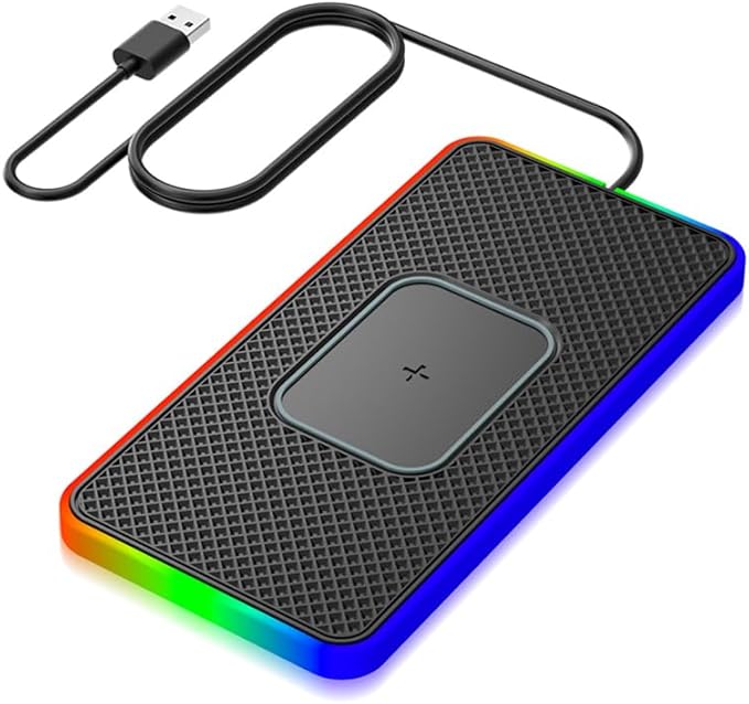 Cordless Car Charging Pad for GMC Sierra HD 2013 2014 2015 2016 2017, 5W/7.5W/10W/15W/20W Charging, Trim-to-Fit Non-Slip Phone Charging Mat with 8 Ambient Light Modes, 100cm Cable,A USB