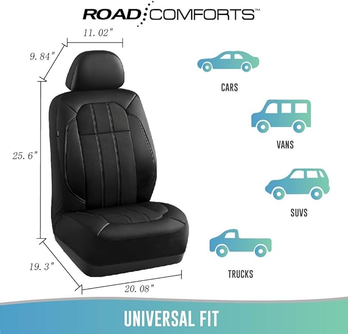 Road Comforts Car Seat Covers, Breathable Leather Seat Covers, Car Seat Covers Front Seats Airbag Compatible, Automotive Seat Covers for Most Cars, Vans, Trucks, SUV-Black