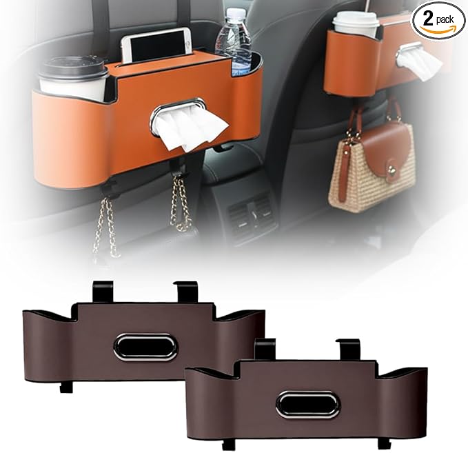asfanst 3-in-1 Car Backseat Organizer with Cup Holder, Tissue Box, and Hooks, Multifunctional Back Seat Storage for Phones, Snacks, Drinks, and Handbags (2, Brown)
