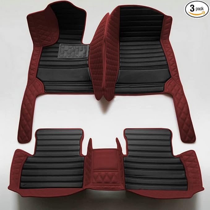 KaiLaiCarCustom Automotive Car Floor Mats for 99.99% Sedan SUV Sports Car Men Women Protection Full Coverage Pads Anti-Slip Leather Floor Lining… (Wine Red Diamond +Black Strip)