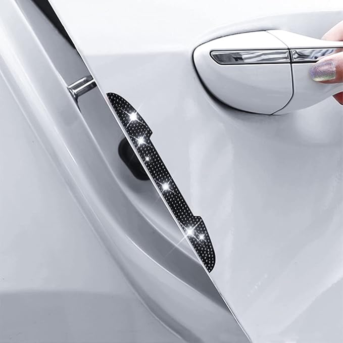 4 PCS Bling Rhinestone Car Door Handle Scratch Protector, Universal for All Cars, Vehicles, SUVs, Car Side Rearview Mirror, Car Door Edge Guard, Car Exterior Accessories for Women Men (Black)