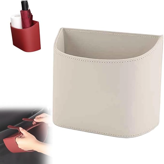 Universal Leather Car Door Cup Holder Trash Can, Leakproof Car Trash Bin,Multifunctional Back Seat Car Organizer for Hold Phones, Snacks, Drinks (A-White)