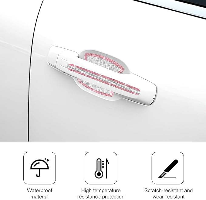 Mandark 8PCS Bling Car Door Handle Protector, Crystal Rhinestone Vehicle Door Bowl Protective Sticker, Glitter Anti-Scratch Auto Decor Decals Accessories, Universal for SUV, Sedan, Truck (White/Pink)