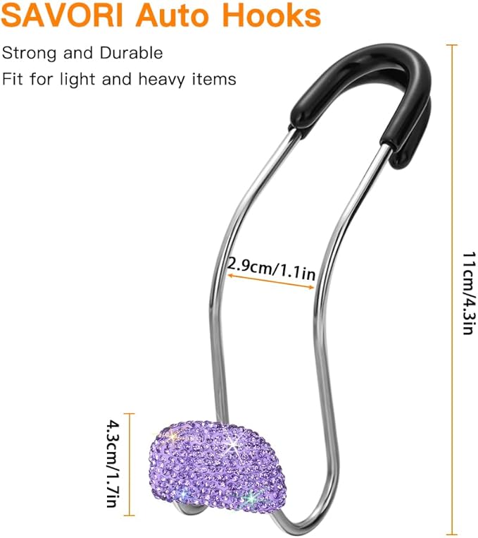 SAVORI Purse Holder for Car, Bling Car Hooks Organization Rhinestones Auto Back Seat Headrest Metal Hanger Organizer for Bags 2PCS (Purple)