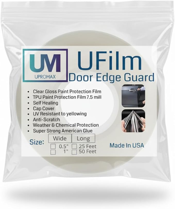 Ufilm Door Edge Protector PRE-Cut Guard Scratch Paint Protection Film with Strong American Glue Clear and Black Universal Car Truck (1 in x 25 ft)