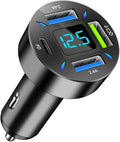 4 Ports USB Car Charger, 66W Super Fast Charging with QC 3.0, PD 20W and USB 2.4A Charger Adapter, Quick Charge with LED Voltmeter, Auto Cigarette Lighter Plug (PD20W+QC3.0+2.4A, 1PCS)