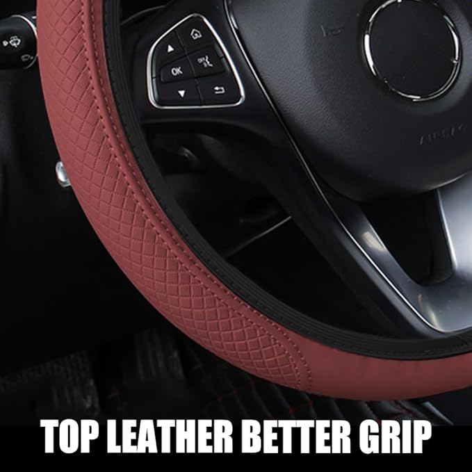 Car Steering Wheel Cover, Universal 14.5-15 Inch Wine Leather Steering Wheel Wrap with Better Sport Grip for Men Women, Anti-Slip Breathable Car Interior Accessories for Most Vehicle (Wine)