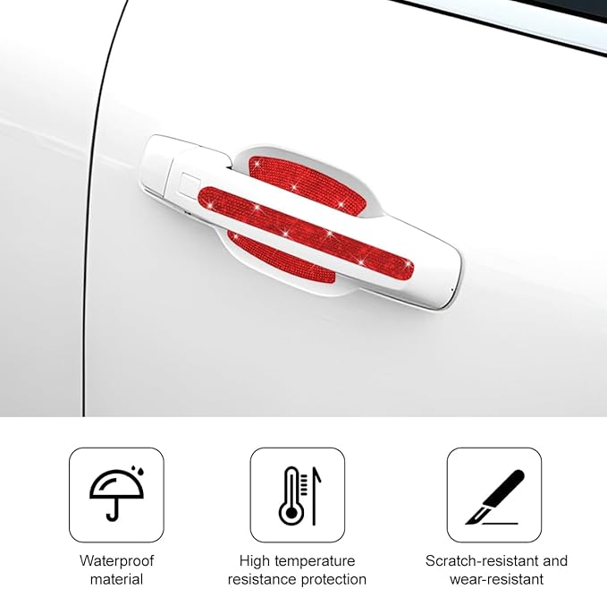 Mandark 8PCS Bling Car Door Handle Protector, Crystal Rhinestone Vehicle Door Bowl Protective Sticker, Glitter Anti-Scratch Auto Decor Decals Accessories, Universal for SUV, Sedan, Truck (Red)