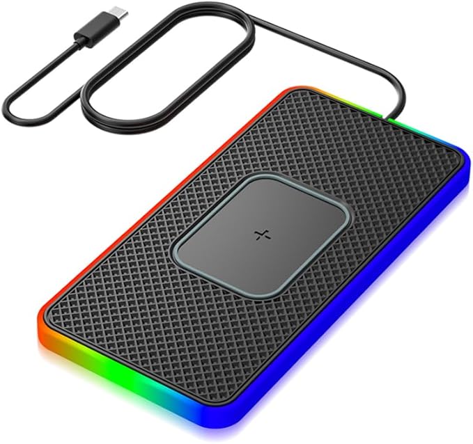 Cordless Car Charging Pad for Mini Electric, 5W/7.5W/10W/15W/20W Charging, Trim-to-Fit Non-Slip Phone Charging Mat with 8 Ambient Light Modes, 100cm Cable,B Type-C