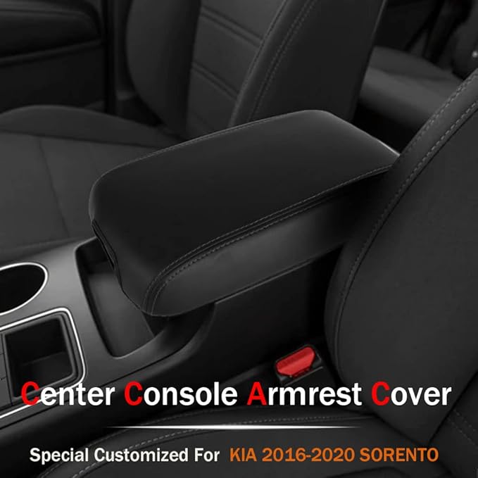 LEXLEY Center Console Pad Armrest Box Cover Waterproof Anti-Scratch Leather Protector Covers For Kia 2016-2020 Sorento-Black Stitches