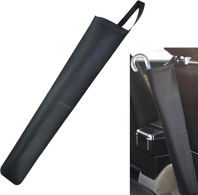 Car Umbrella Storage Bag, Waterproof Foldable Suspension Pouch for Long and Short Handle Umbrellas, Faux Leather Organizer with Hook and Loop Fastener, Universal Organizer for Car (Black)