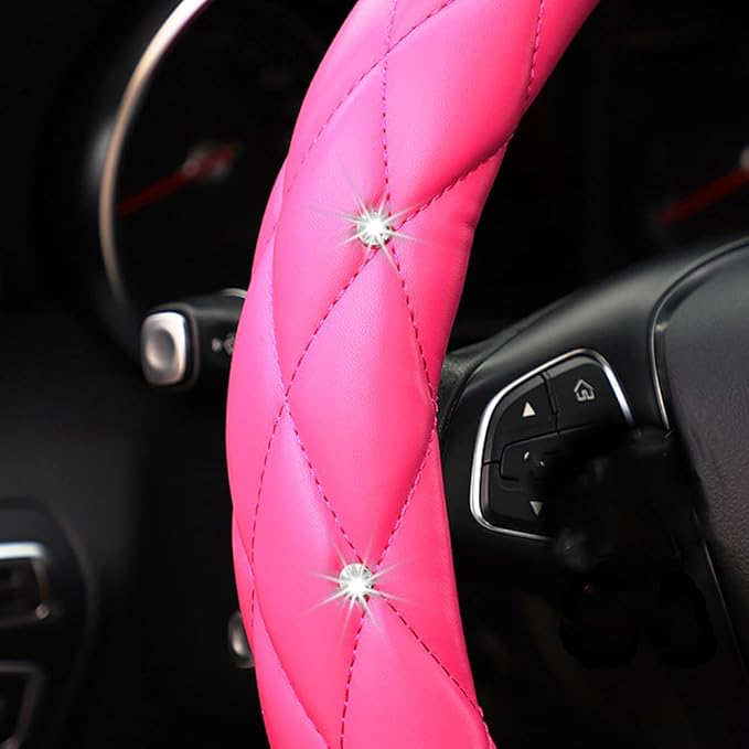 YOGURTCK Cute Diamond Soft Leather Anti-Slip Steering Wheel Cover with Bling Bling Crystal Rhinestones, Universal 15 Inch for Women Girls, Fit Vehicles, Sedans, SUVs, Vans, Trucks - Hot Pink