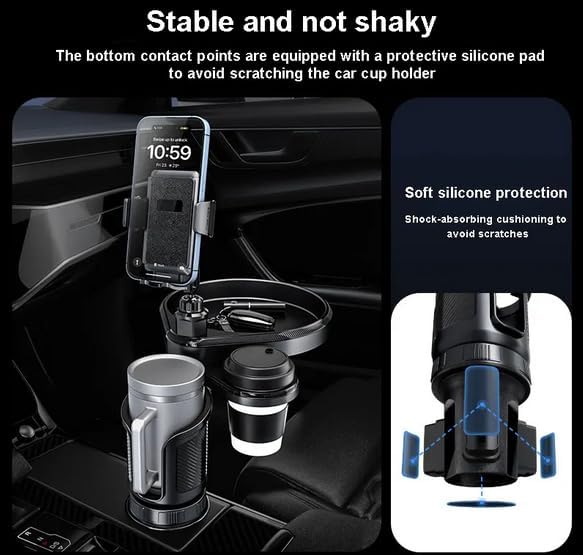 Upgraded 4-in-1 Car Cup Holder,Car Tray,Dual Cup Holders,Phone Mount,360° rotatable car Tray and Phone Expander,All in one Road Trip Essentials