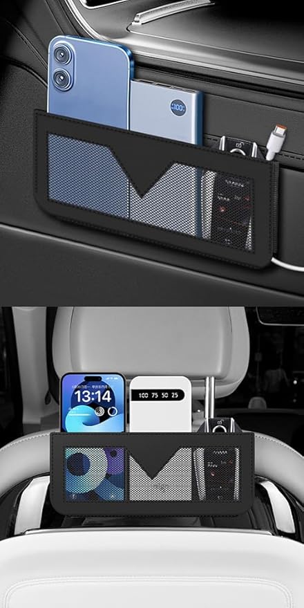 Berfi Life Car Seat Side Pocket Organizer, Car PU Leather Mesh Storage Bag Pouch, Vehicle Seat Gap Filler for Keys, Phone, Sunglasses, Registration, and Documents