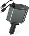 Retractable iPhone Car Charger, 4 in 1 66W Car Charger Fast Charging 2 Retractable Cable(PD & Lightning) and 2Port (USBC & USB A) Apple Car Charging Cigarette Lighter Adapter for iPhone 16/15/14/13/12