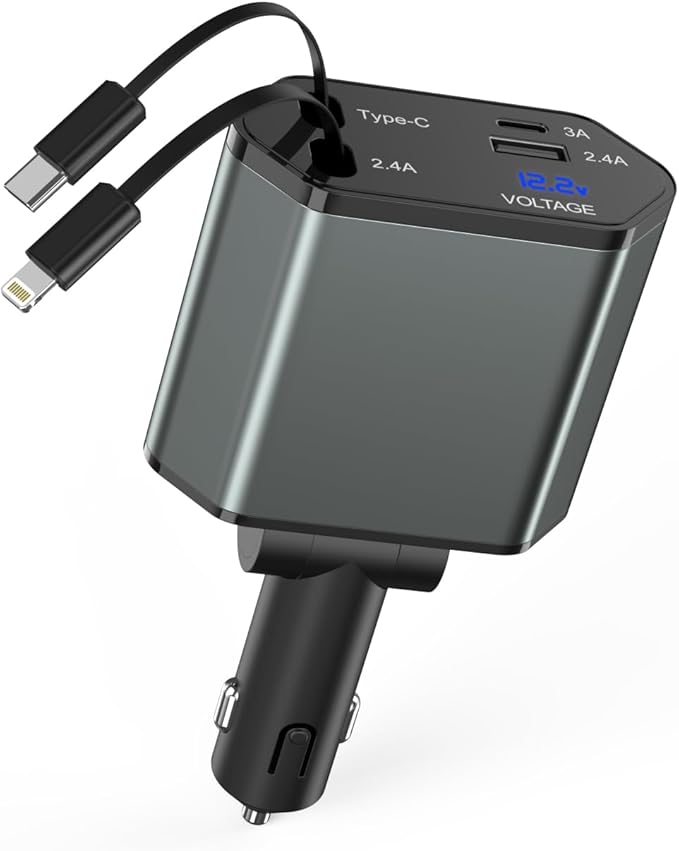 Retractable iPhone Car Charger, 4 in 1 66W Car Charger Fast Charging 2 Retractable Cable(PD & Lightning) and 2Port (USBC & USB A) Apple Car Charging Cigarette Lighter Adapter for iPhone 16/15/14/13/12