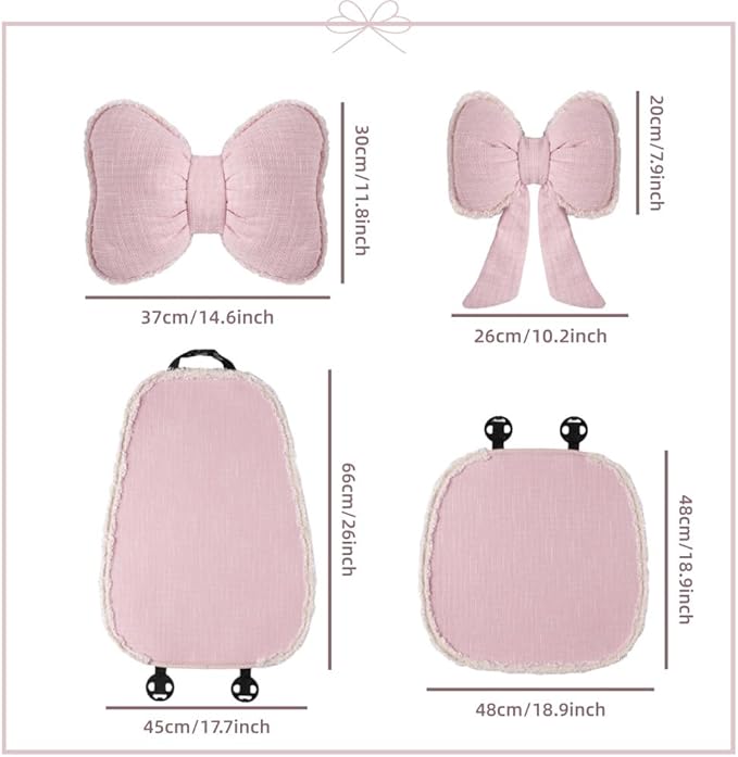 Cute Car Seat Cover for Women Include Butterfly Bow Headrest Pillow Lumbar Support Pillow and Car Front Seat Cushion and Back Cushion for Most Vehicles