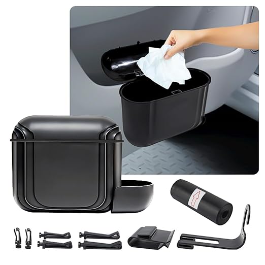 Upgraded Car Trash Can with Lid & 5 Types Mounting Clips,Push-on Car Trash Bin with Trashes Bag for Garbage Storage,Versatile Cars Garbage Can for Side Door/Chair Back