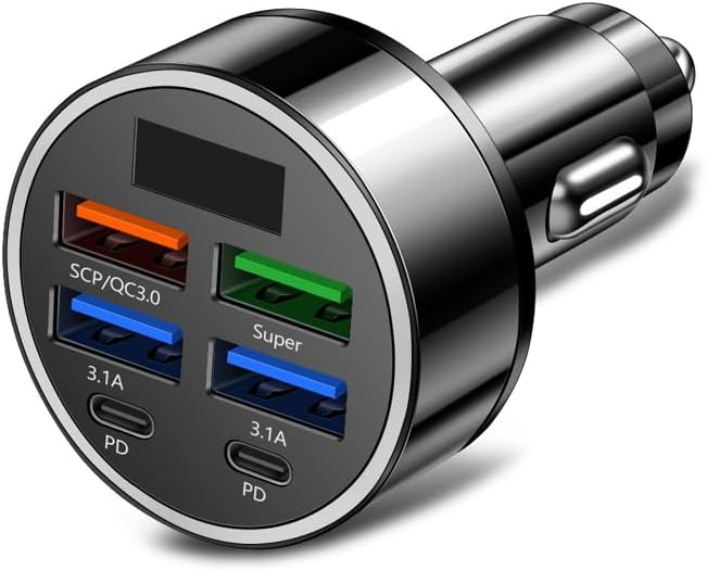 120W Super Fast Charging 6-Port USB-C Car Charger with LED Voltage Display | Multi-Device Cigarette Lighter USB Adapter for iPhone & Android