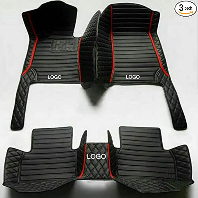 Custom Car Floor Mats Fit 96% Car Model Luxury Leather Waterproof Anti-Skid Full Coverage Liner Front Rear Mat/Set (Black Red Stripe)