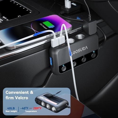 158W 9 in 1 Cigarette Lighter Splitter with 3 Socket Multi Port Car Charger Adapter Dual PD30W and 3 USB-A QC3.0 DC 12V/24V Independent Switches and Voltage Display for Car Truck Ipad Camping