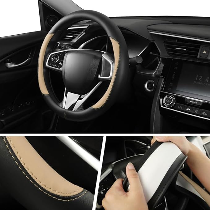 Car Steering Wheel Cover,Microfiber Leather Steering Wheel Cover Universal 15.5-16 inch, Anti-Slip Breathable Auto Wheel Cover Protector for Men Women (Black&Beige)