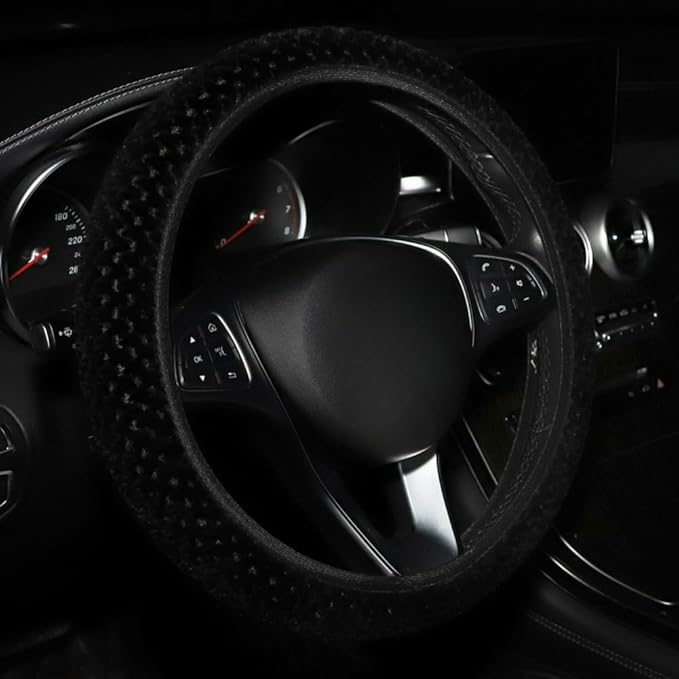 15 Inch Soft Dot Plush Steering Wheel Cover Anti-Slip Comfortable Winter Grip Universal Fit for Most Car Truck Vehicle SUV (Black)