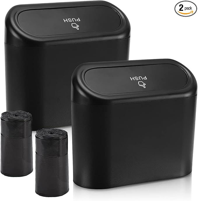 Accmor Car Trash Can with Lid, Mini Auto Dustbin Garbage Organizer Holder 2 Packs, Automotive Storage Container Bin with 60 Pcs Bags for Vehicle, Home, Office