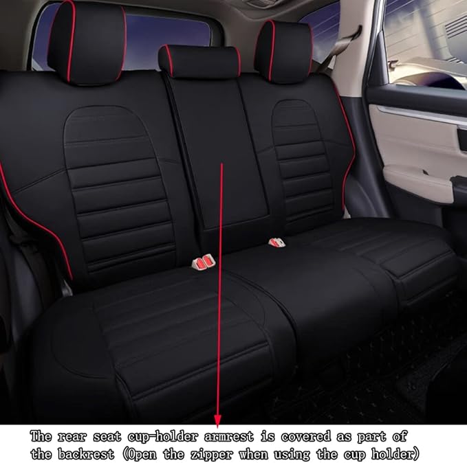 HKZ Fit CRV Car Seat Covers Full Set for Honda CR-V 2017-2022; Leather (Black with Red Trim)