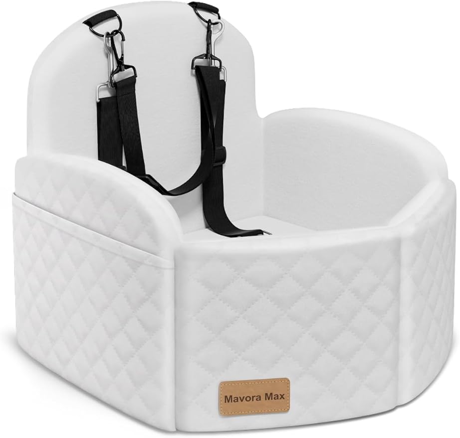 Mavora Max Dog Car Seat for Small/Medium Dogs, Elevated Dog Booster Seat Memory Foam Puppy Car Seat with Washable Cover, Travel Safety Pet Seat for Car with Storage Pockets Up to 35 lbs (White)