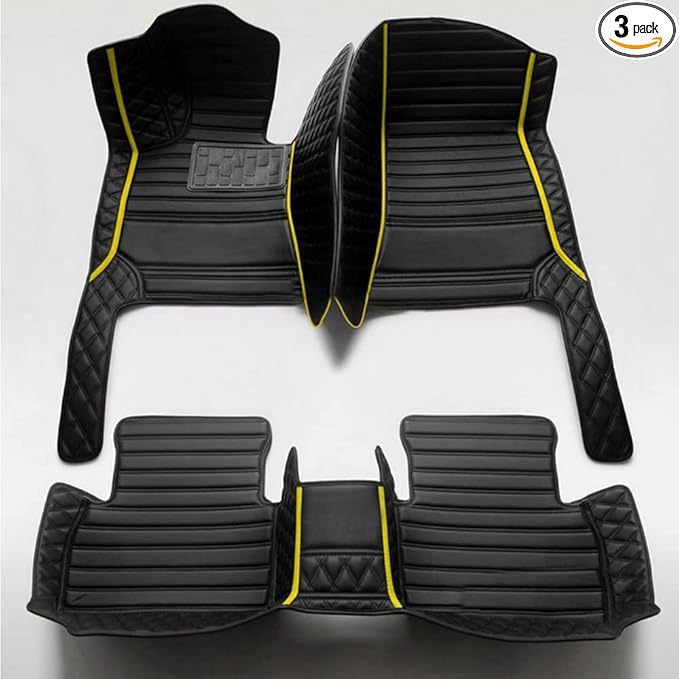 KaiLaiCarCustom Automotive Car Floor Mats for 99.99% Sedan SUV Sports Car Men Women Protection Full Coverage Pads Anti-Slip Leather Floor Lining… (Black+Yellow Bars)