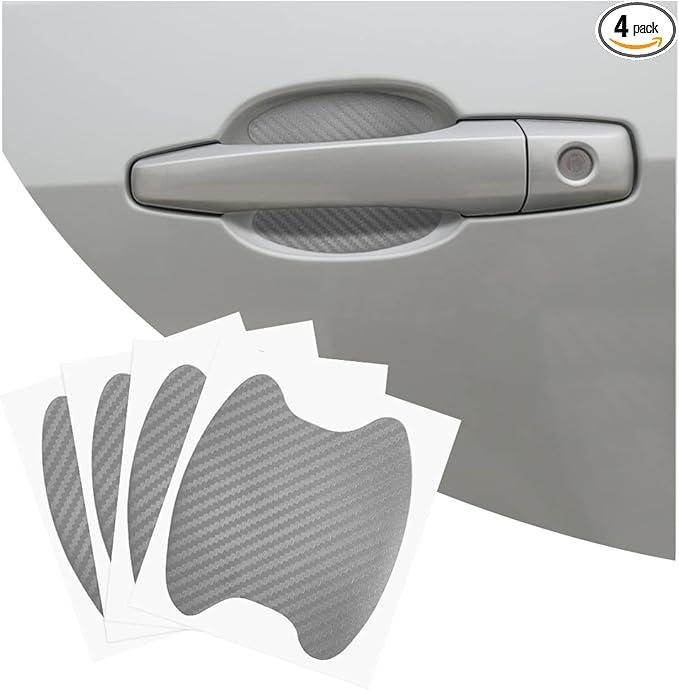 4PCS Car Door Handle Cup Stickers - Carbon Fiber Scratch Auto Door Protective Film, Non-Marking Bowl Protector - Universal for Most Cars, SUV, Van (Silver)