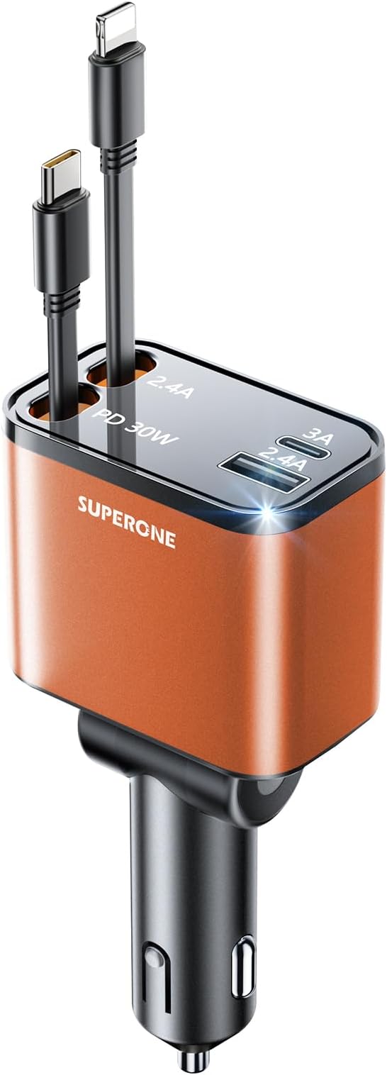 [2024 Upgraded] 4 in 1 Retractable Car Charger, SUPERONE Smaller Fast Car Phone Charger 69W with Cord, USB C and iPhone Car Charger Adapter, Compatible iPhone 17/17 Pro Max/16/15/14/13/12/11, Sumsung